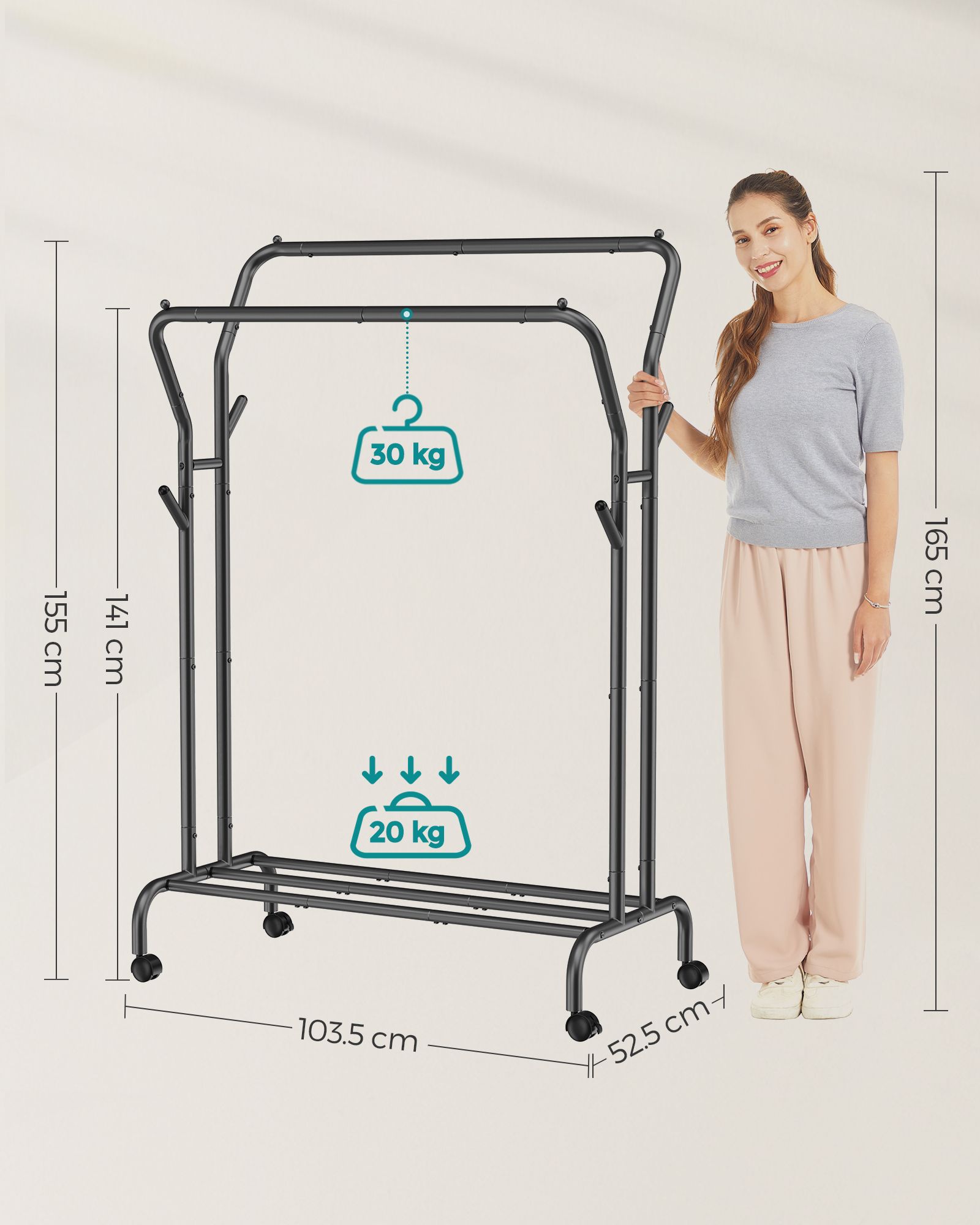 Double-Rail Clothes Rack – Heavy-Duty Metal – Black – Mobile with Shelf