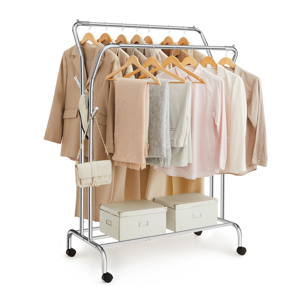 Double-Rod Clothes Rail – Metal – Silver – Mobile with Shelf, 100 kg Capacity, 103.5 cm Wide