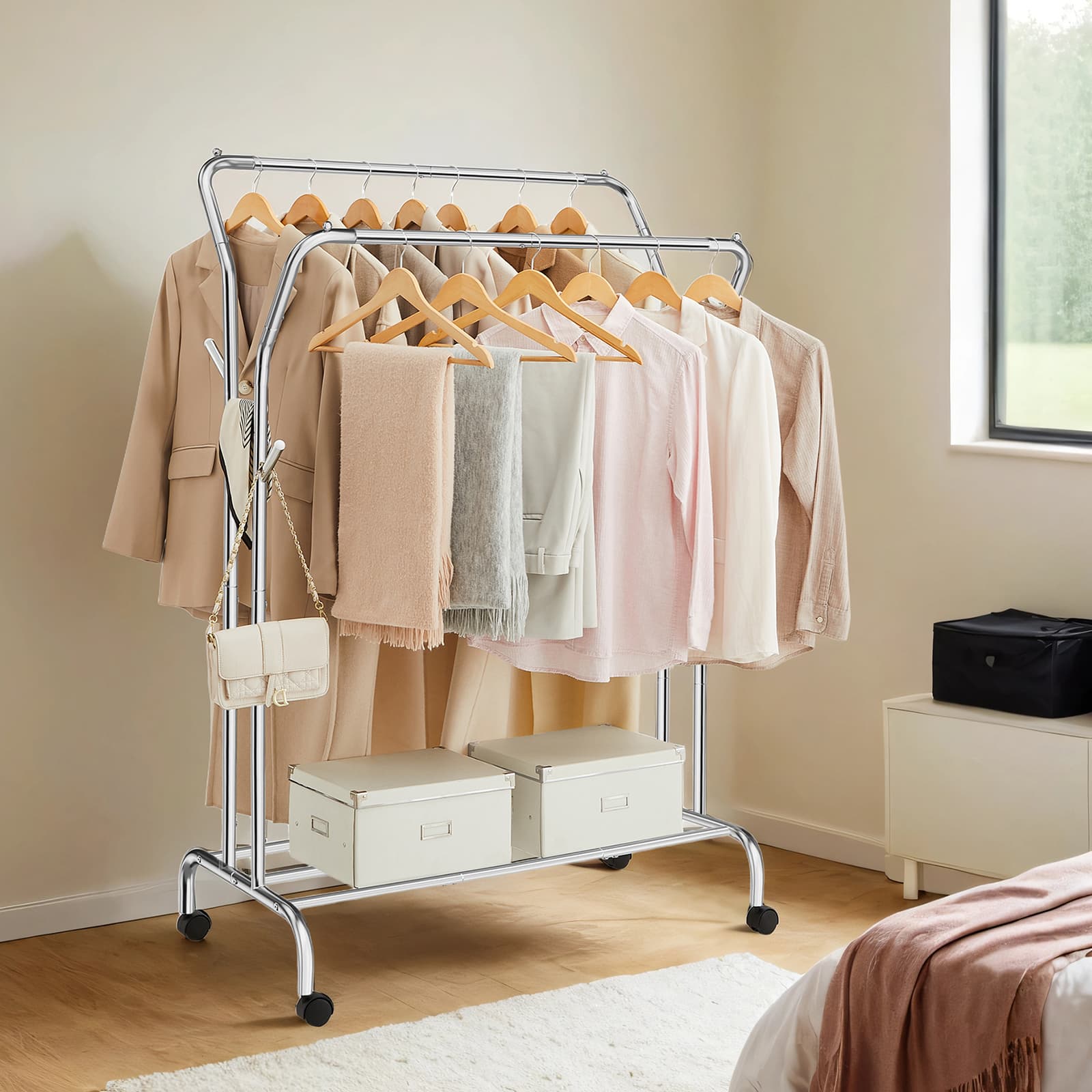 Clothing Rack – Metal – Black – Double-Rod with Wheels and Shelf, Heavy-Duty 100 kg Capacity