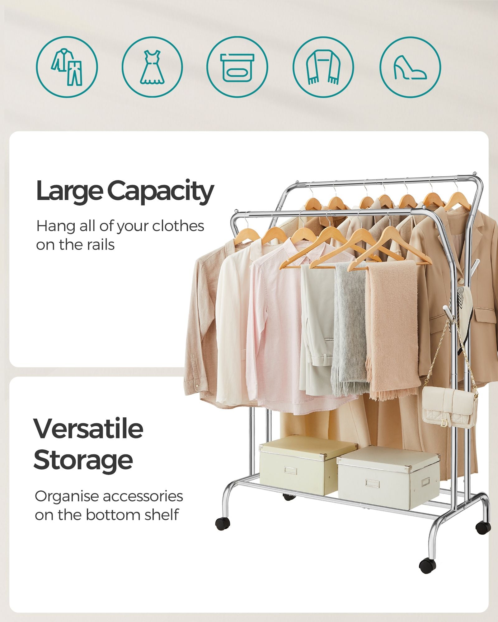 Double-Rod Clothes Rail – Metal – Silver – Mobile with Shelf, 100 kg Capacity, 103.5 cm Wide