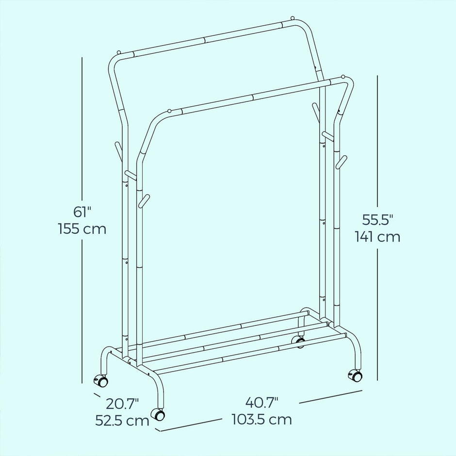 Clothing Rack – Metal – Black – Double-Rod with Wheels and Shelf, Heavy-Duty 100 kg Capacity