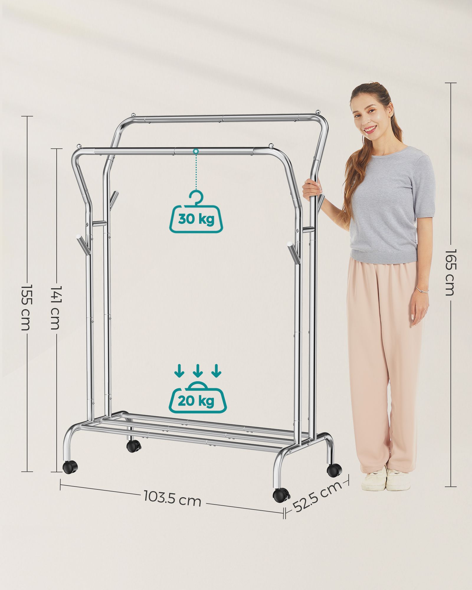 Double-Rod Clothes Rail – Metal – Silver – Mobile with Shelf, 100 kg Capacity, 103.5 cm Wide