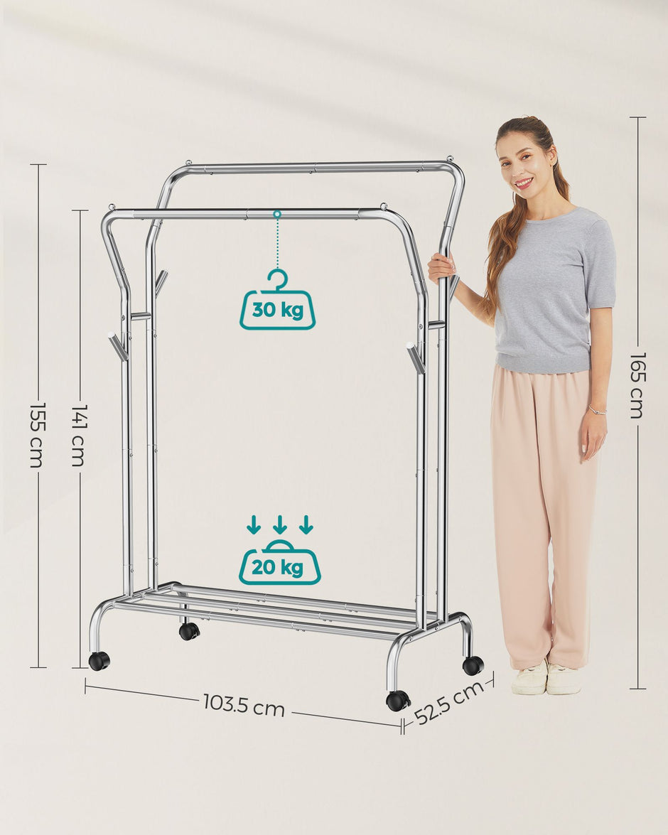 Double-Rod Clothes Rail – Metal – Silver – Mobile with Shelf, 100 kg Capacity, 103.5 cm Wide