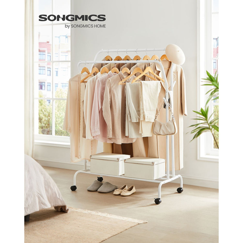 Clothes Rack – Metal – White – Heavy-Duty with Wheels and Shelf, 103.5 cm Wide