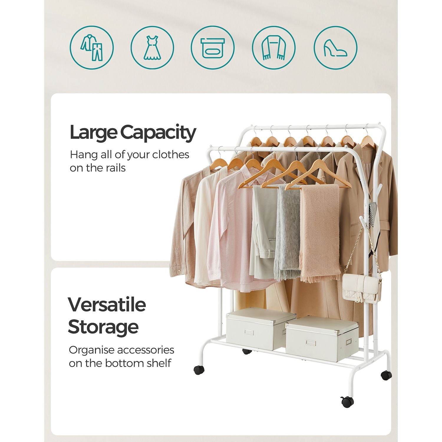 Clothes Rack – Metal – White – Heavy-Duty with Wheels and Shelf, 103.5 cm Wide