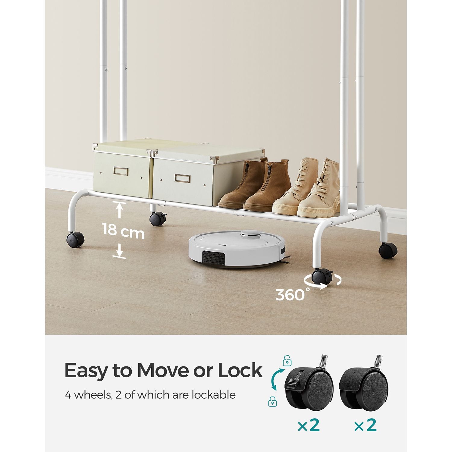Clothes Rack – Metal – White – Heavy-Duty with Wheels and Shelf, 103.5 cm Wide