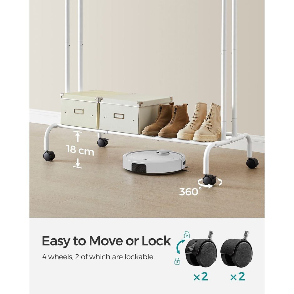 Clothes Rack – Metal – White – Heavy-Duty with Wheels and Shelf, 103.5 cm Wide