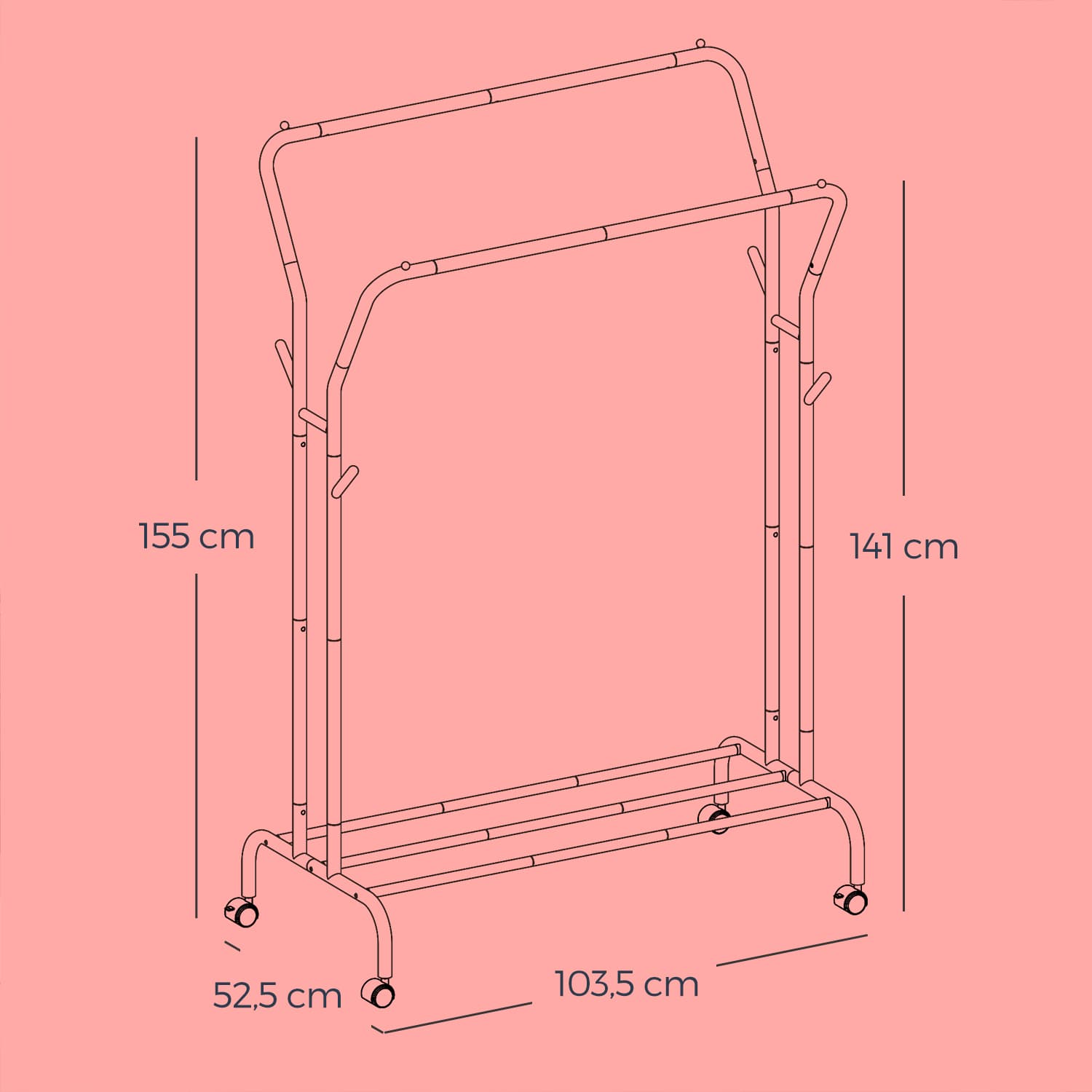 Clothing Rack – Metal – Black – Double-Rod with Wheels and Shelf, Heavy-Duty 100 kg Capacity