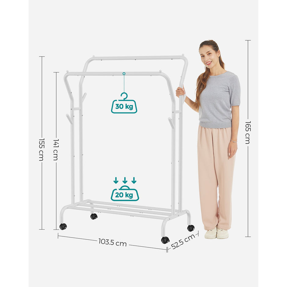 Clothes Rack – Metal – White – Heavy-Duty with Wheels and Shelf, 103.5 cm Wide
