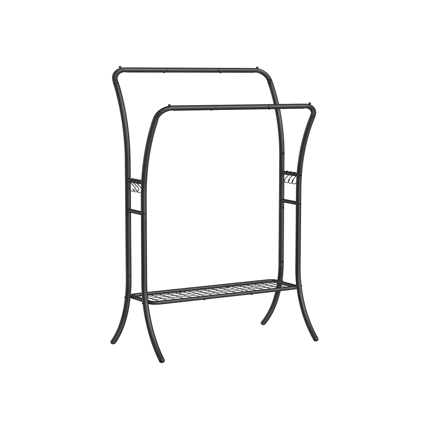 Double-Rod Clothes Rack – Heavy-Duty Metal – Ink Black – Portable with Storage Shelf and 6 Hooks