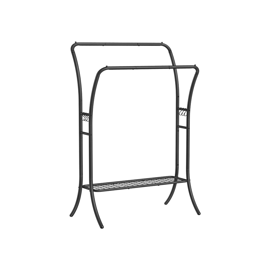 Double-Rod Clothes Rack – Heavy-Duty Metal – Ink Black – Portable with Storage Shelf and 6 Hooks