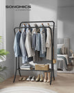 Double-Rod Clothes Rack – Heavy-Duty Metal – Ink Black – Portable with Storage Shelf and 6 Hooks