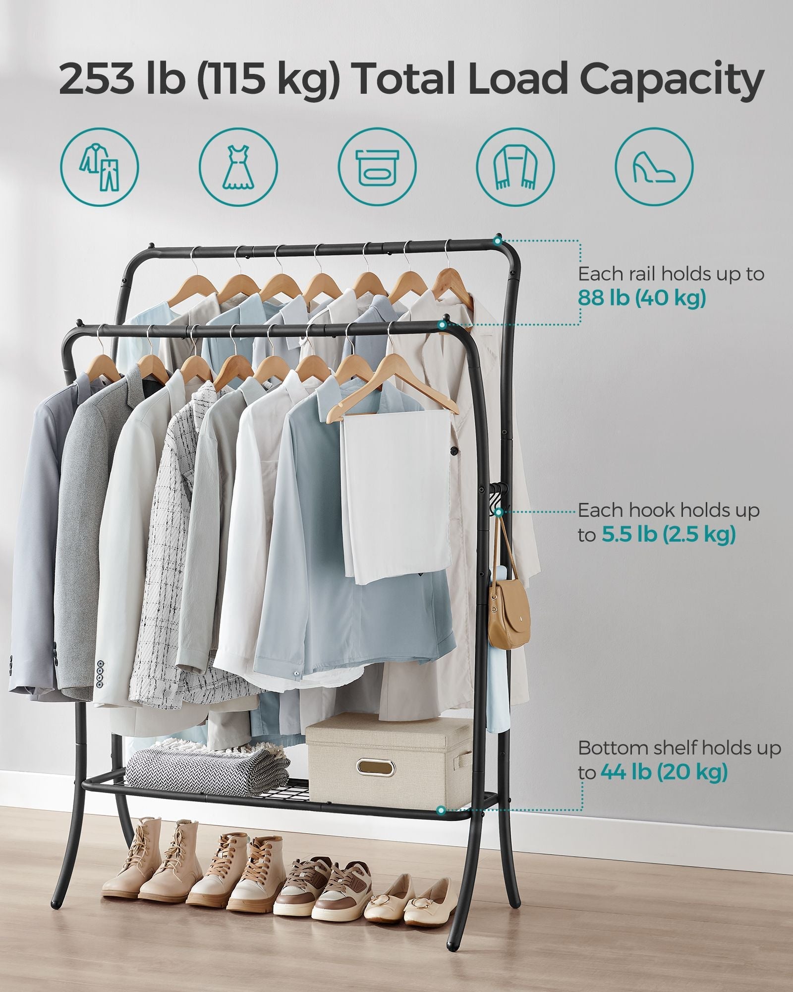 Double-Rod Clothes Rack – Heavy-Duty Metal – Ink Black – Portable with Storage Shelf and 6 Hooks