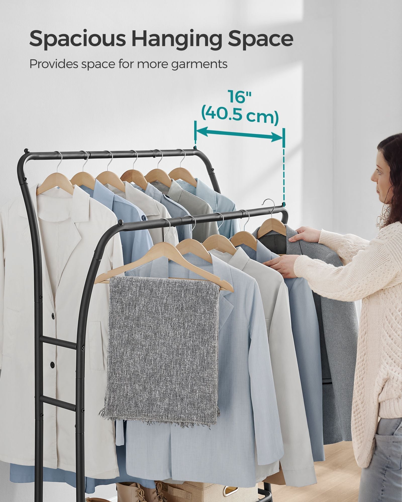 Double-Rod Clothes Rack – Heavy-Duty Metal – Ink Black – Portable with Storage Shelf and 6 Hooks