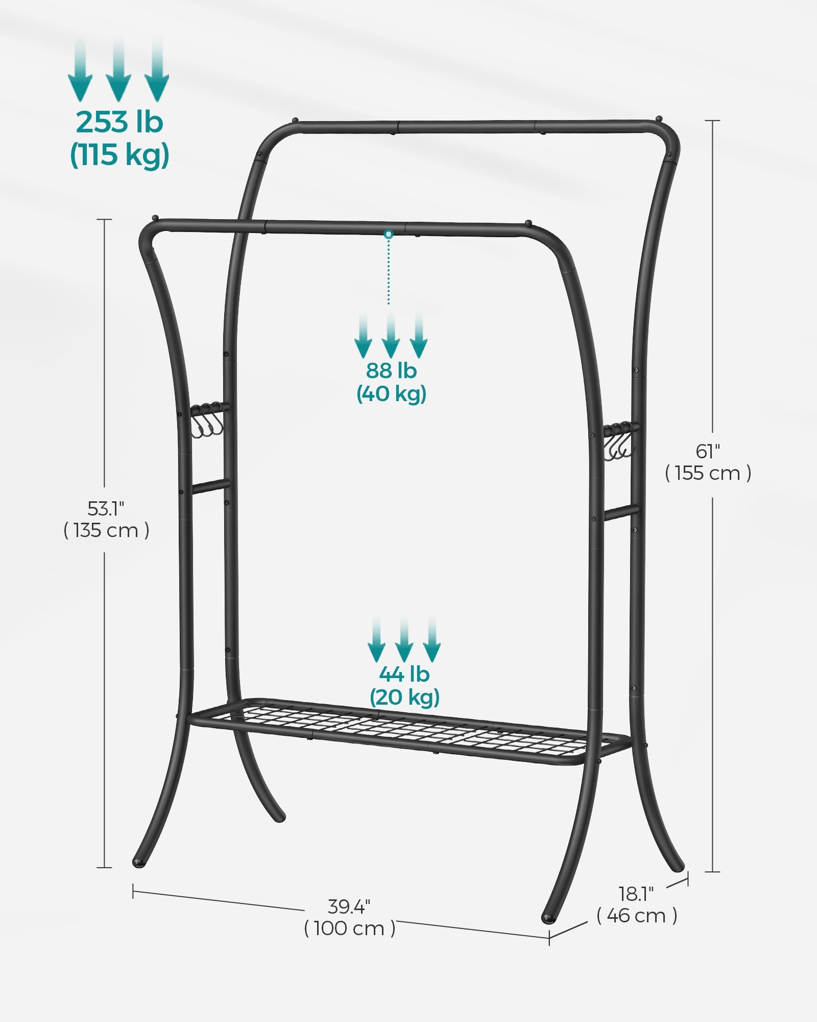 Double-Rod Clothes Rack – Heavy-Duty Metal – Ink Black – Portable with Storage Shelf and 6 Hooks