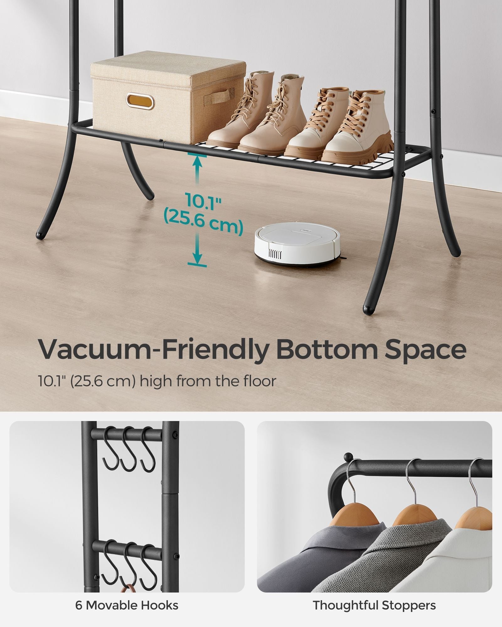 Double-Rod Clothes Rack – Heavy-Duty Metal – Ink Black – Portable with Storage Shelf and 6 Hooks
