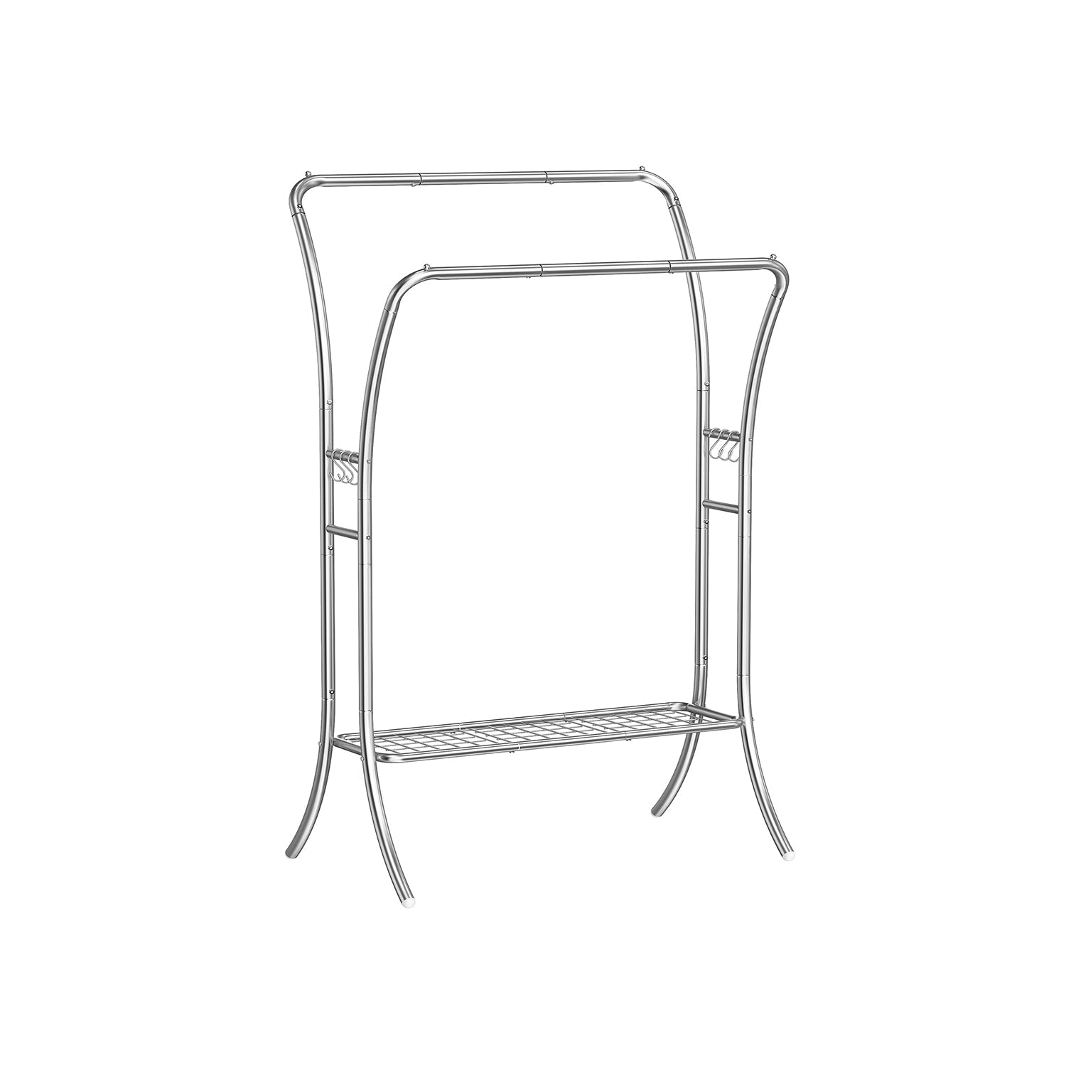 Double-Rod Clothes Rack – Metal – Metallic Silver – Heavy-Duty with 6 Hooks and Storage Shelf