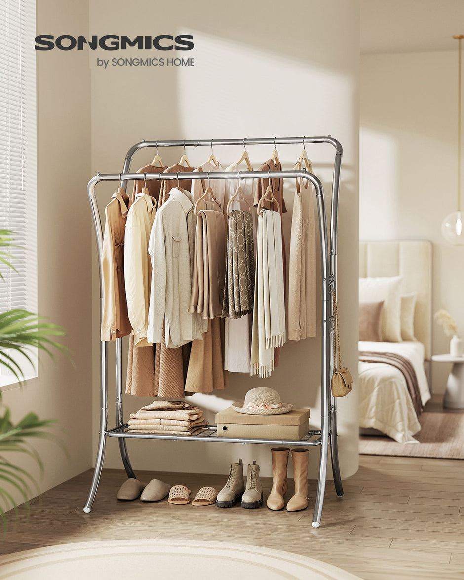 Double-Rod Clothes Rack – Metal – Metallic Silver – Heavy-Duty with 6 Hooks and Storage Shelf