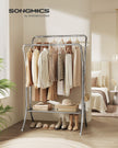 Double-Rod Clothes Rack – Metal – Metallic Silver – Heavy-Duty with 6 Hooks and Storage Shelf