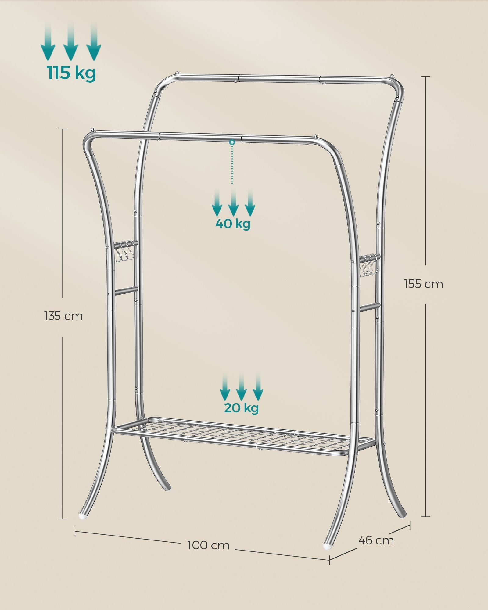 Double-Rod Clothes Rack – Metal – Metallic Silver – Heavy-Duty with 6 Hooks and Storage Shelf