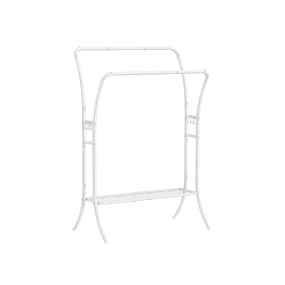 Heavy-Duty Double-Rod Clothes Rail – Metal – Cloud White – Portable with Storage Shelf and 6 Hooks