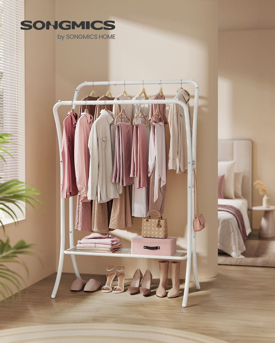 Heavy-Duty Double-Rod Clothes Rail – Metal – Cloud White – Portable with Storage Shelf and 6 Hooks