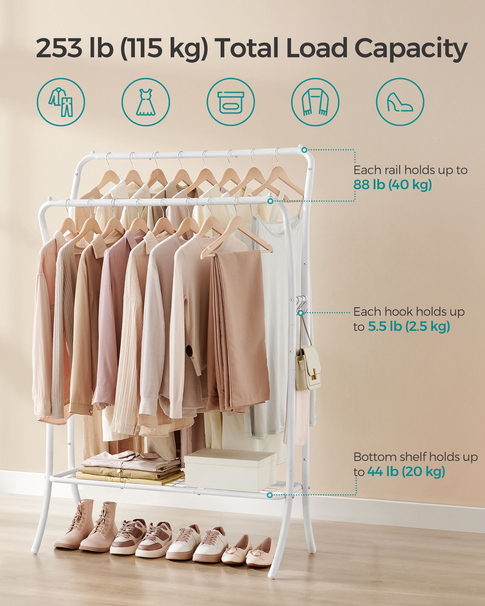Heavy-Duty Double-Rod Clothes Rail – Metal – Cloud White – Portable with Storage Shelf and 6 Hooks