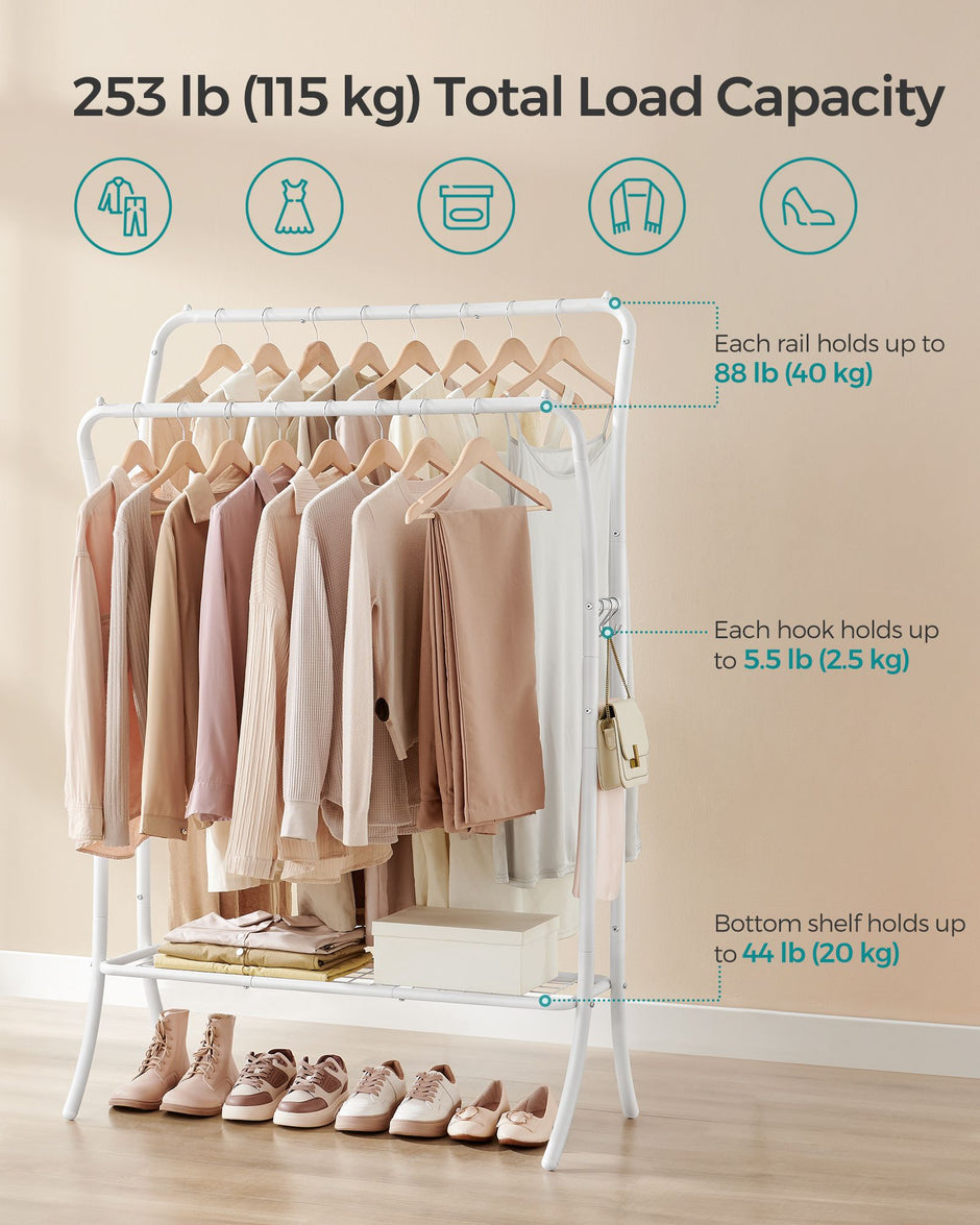 Heavy-Duty Double-Rod Clothes Rail – Metal – Cloud White – Portable with Storage Shelf and 6 Hooks