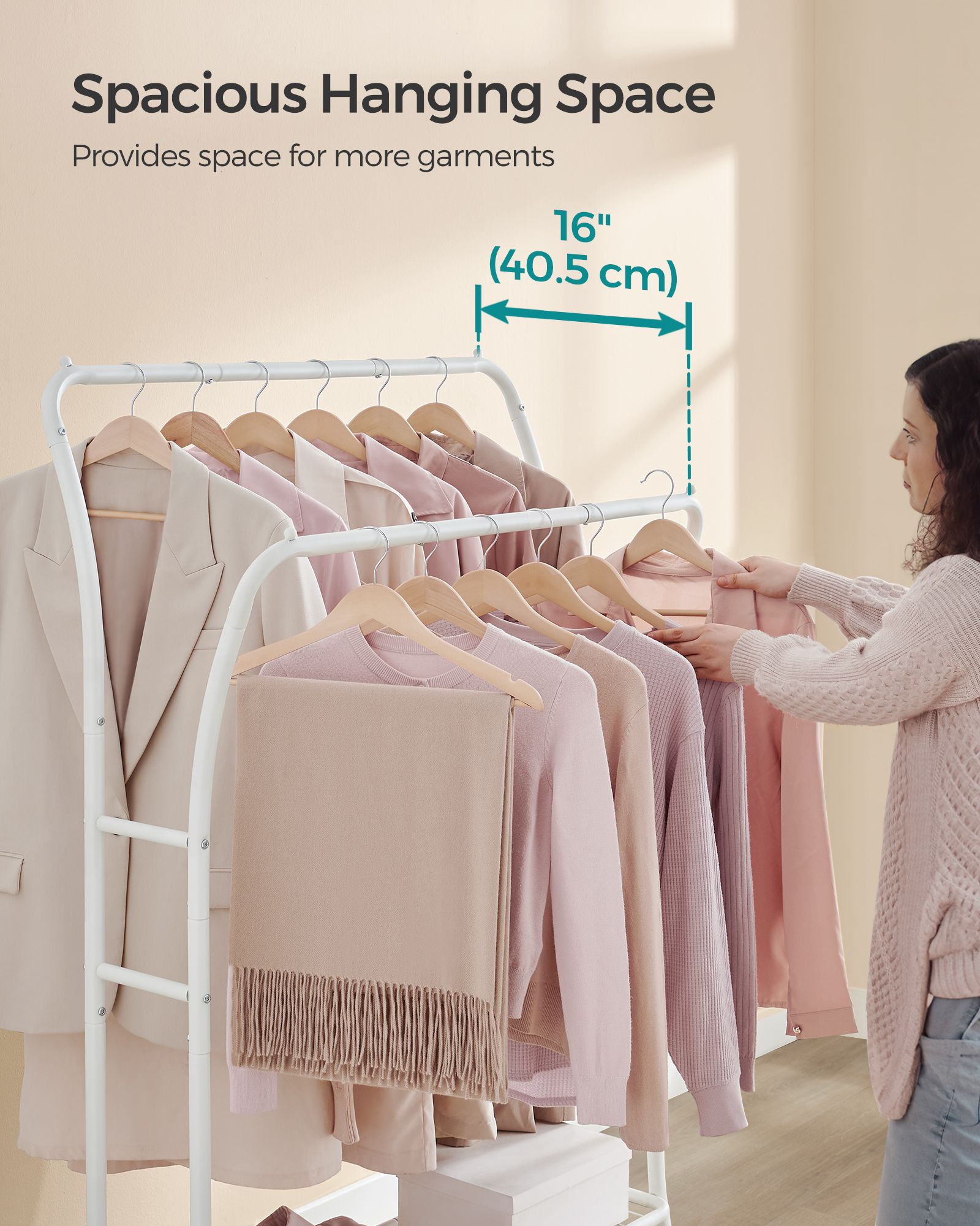 Heavy-Duty Double-Rod Clothes Rail – Metal – Cloud White – Portable with Storage Shelf and 6 Hooks