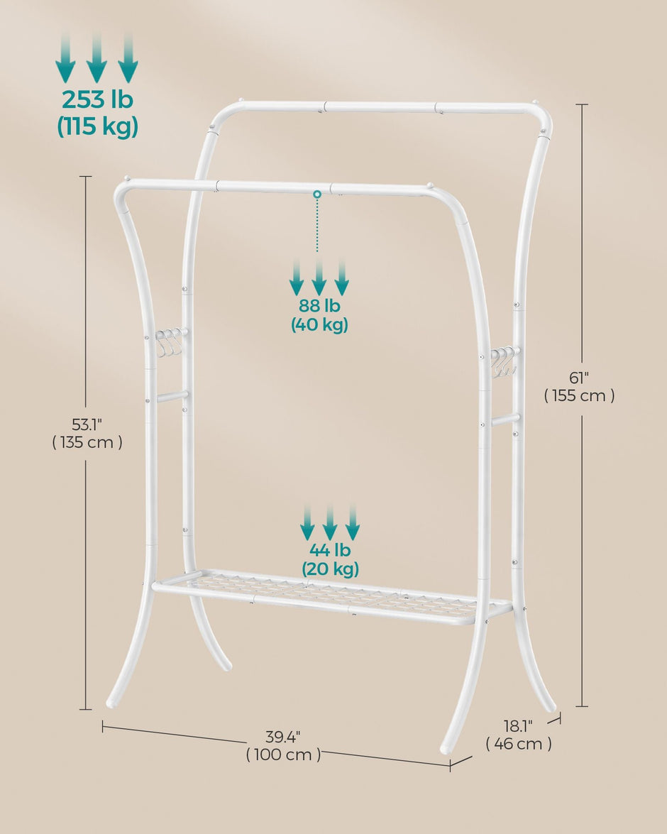 Heavy-Duty Double-Rod Clothes Rail – Metal – Cloud White – Portable with Storage Shelf and 6 Hooks