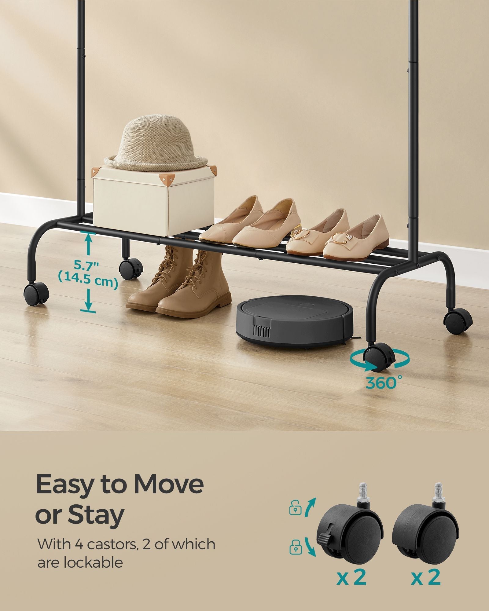 Clothes Rack – Heavy-Duty Metal – Ink Black – Extendable and Collapsible with Wheels
