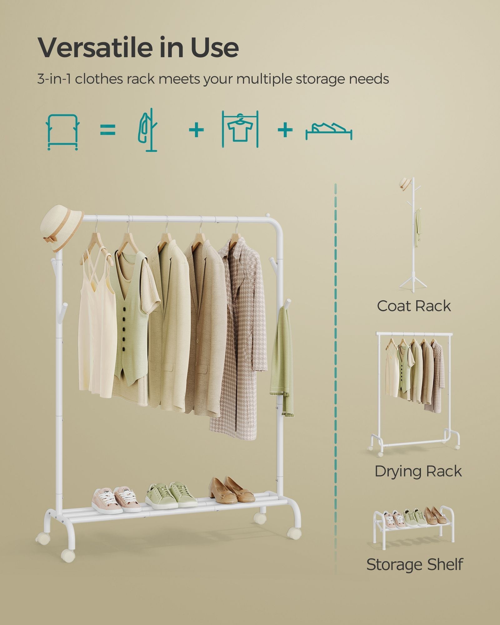 Clothes Rail – Heavy-Duty Metal – Cloud White – Extendable and Collapsible with Wheels