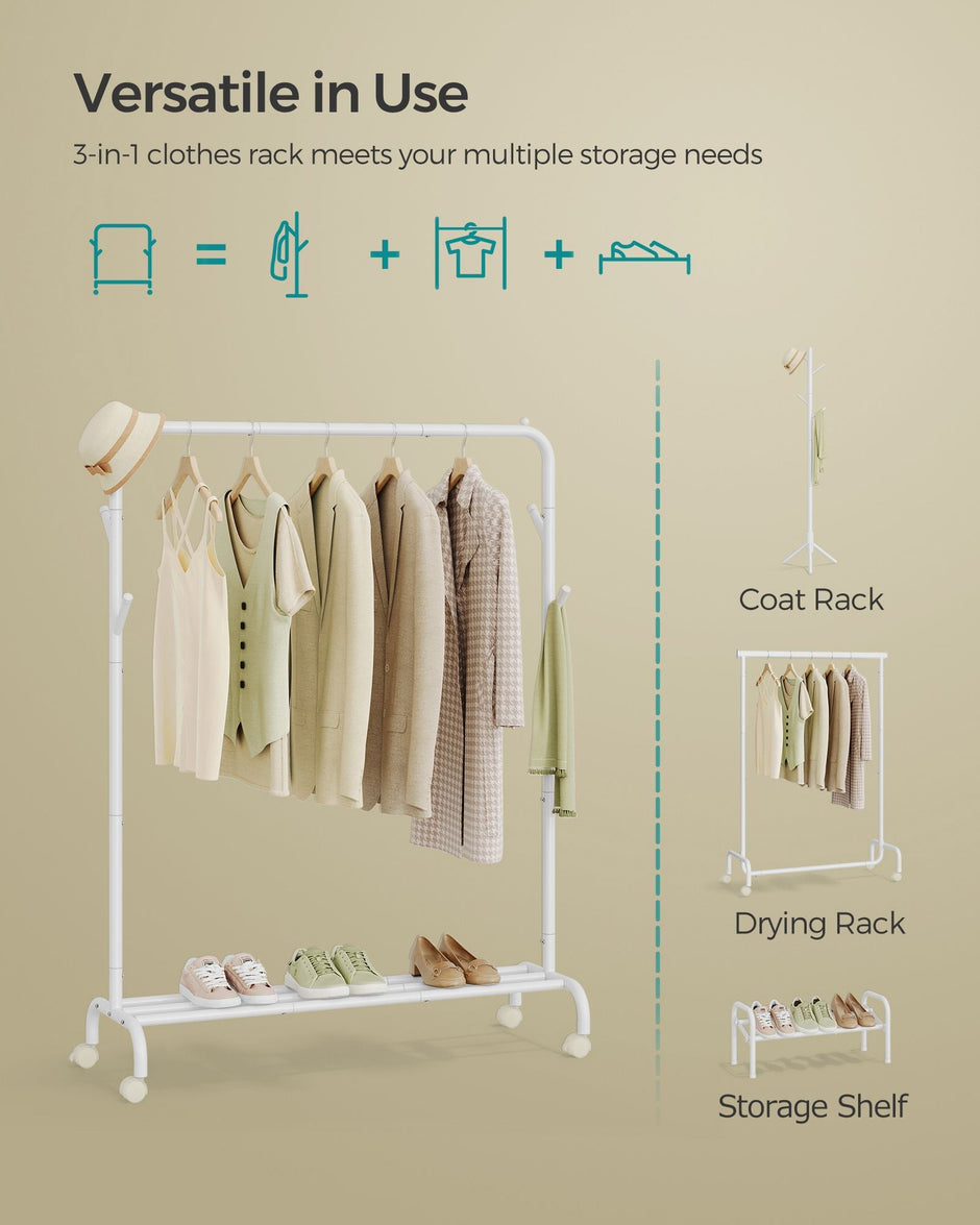 Clothes Rail – Heavy-Duty Metal – Cloud White – Extendable and Collapsible with Wheels