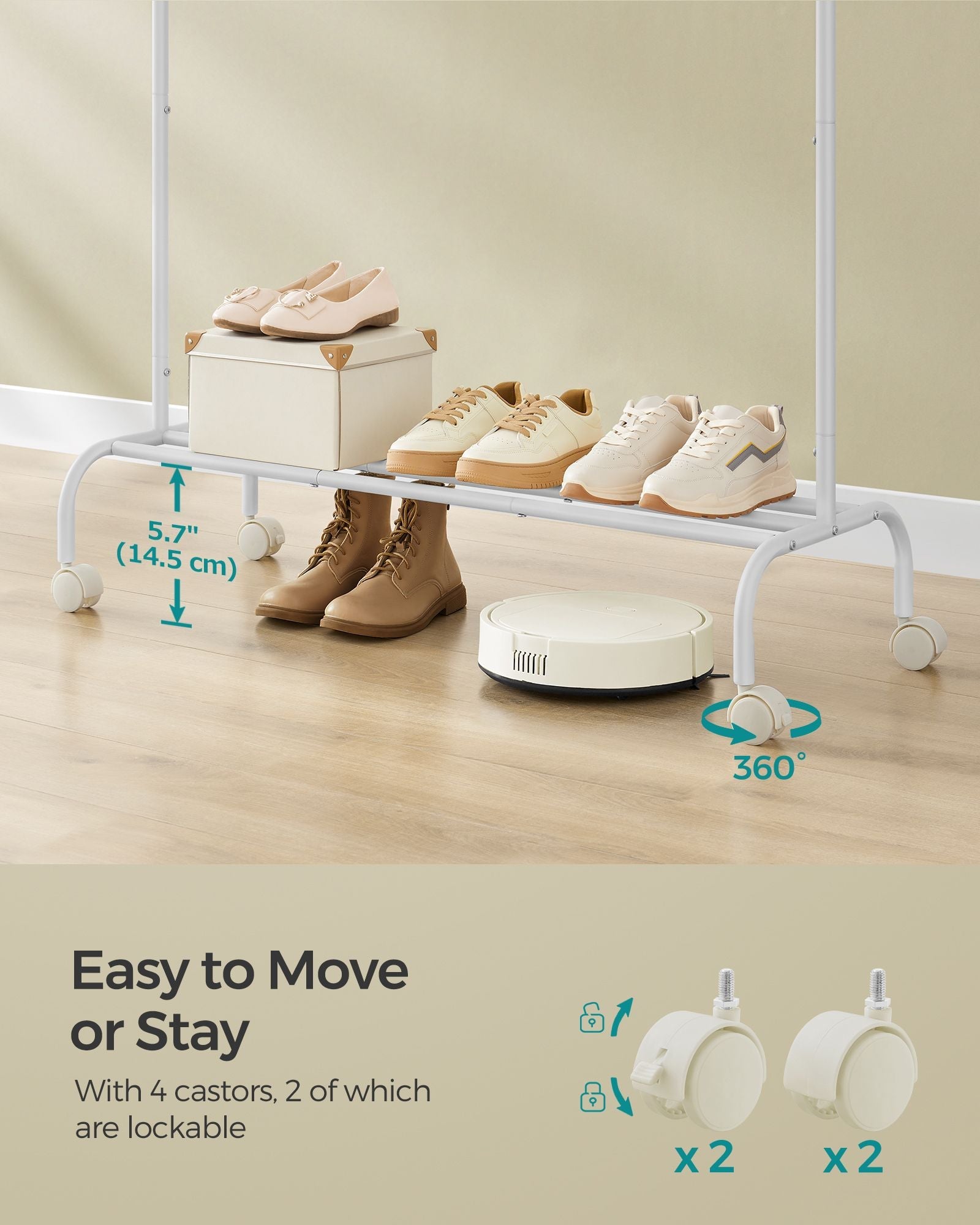 Clothes Rail – Heavy-Duty Metal – Cloud White – Extendable and Collapsible with Wheels