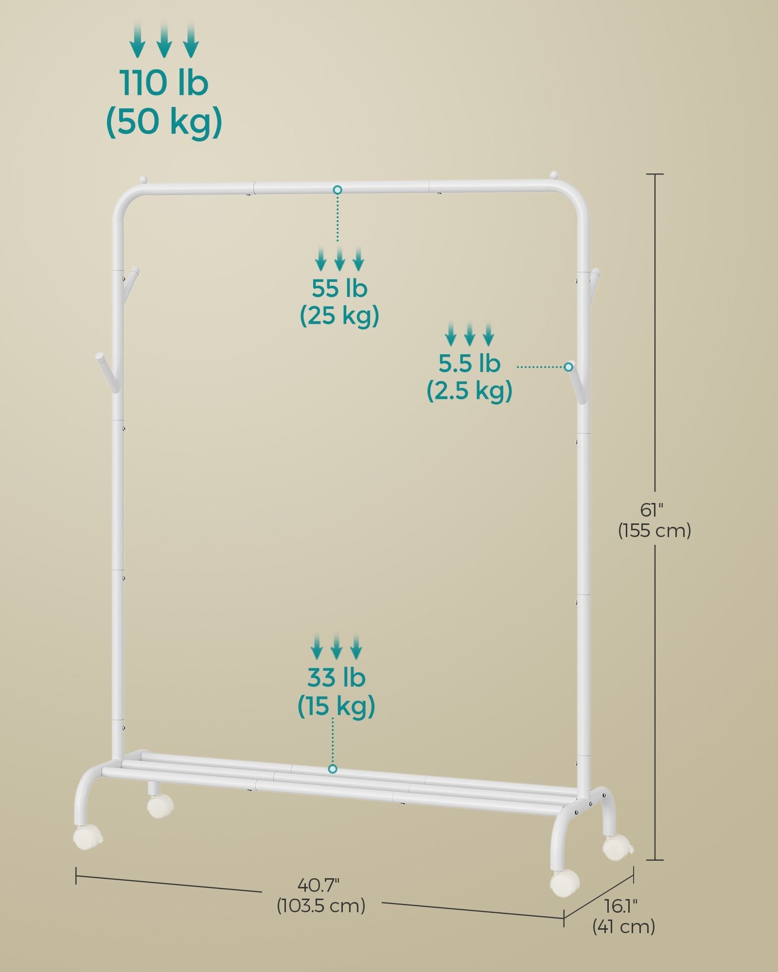 Clothes Rail – Heavy-Duty Metal – Cloud White – Extendable and Collapsible with Wheels
