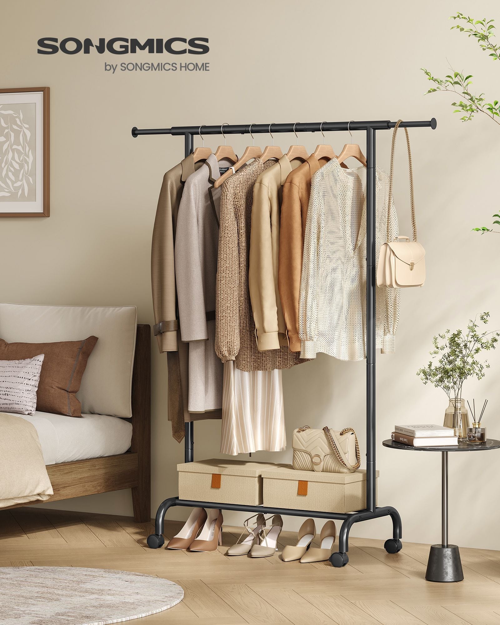 Clothes Rack – Metal – Ink Black – Extendable with Wheels, Max Load 45 kg