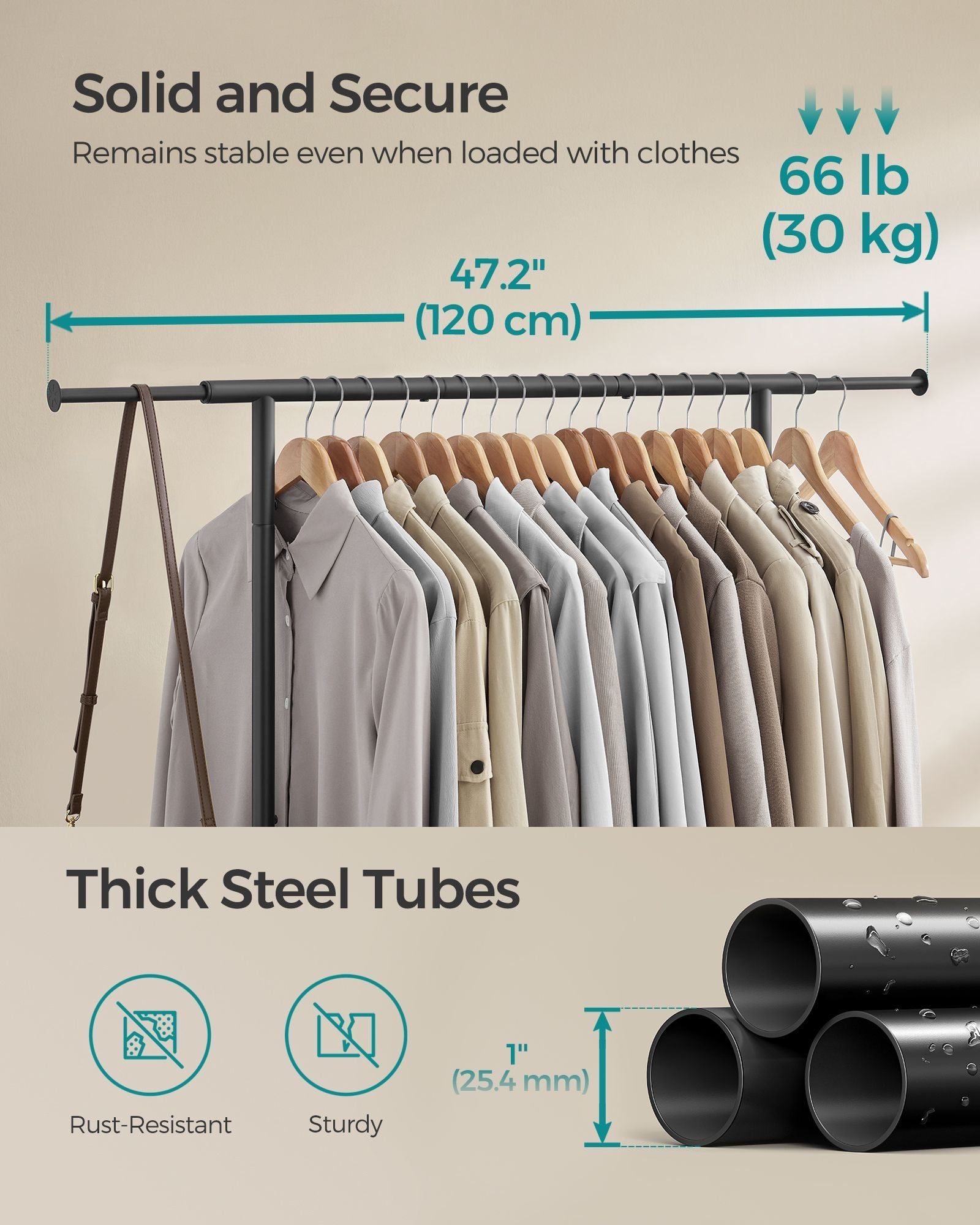 Clothes Rack – Metal – Ink Black – Extendable with Wheels, Max Load 45 kg