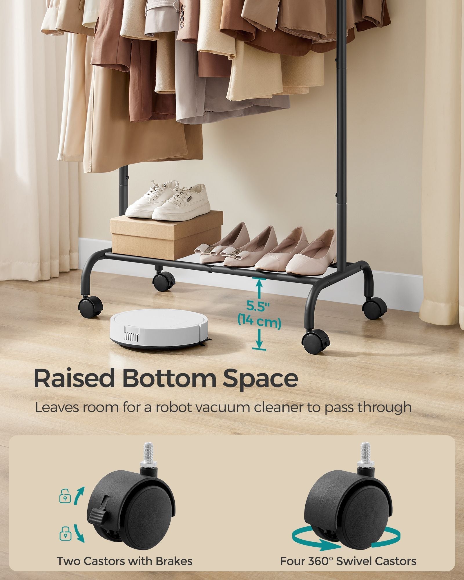 Clothes Rack – Metal – Ink Black – Extendable with Wheels, Max Load 45 kg