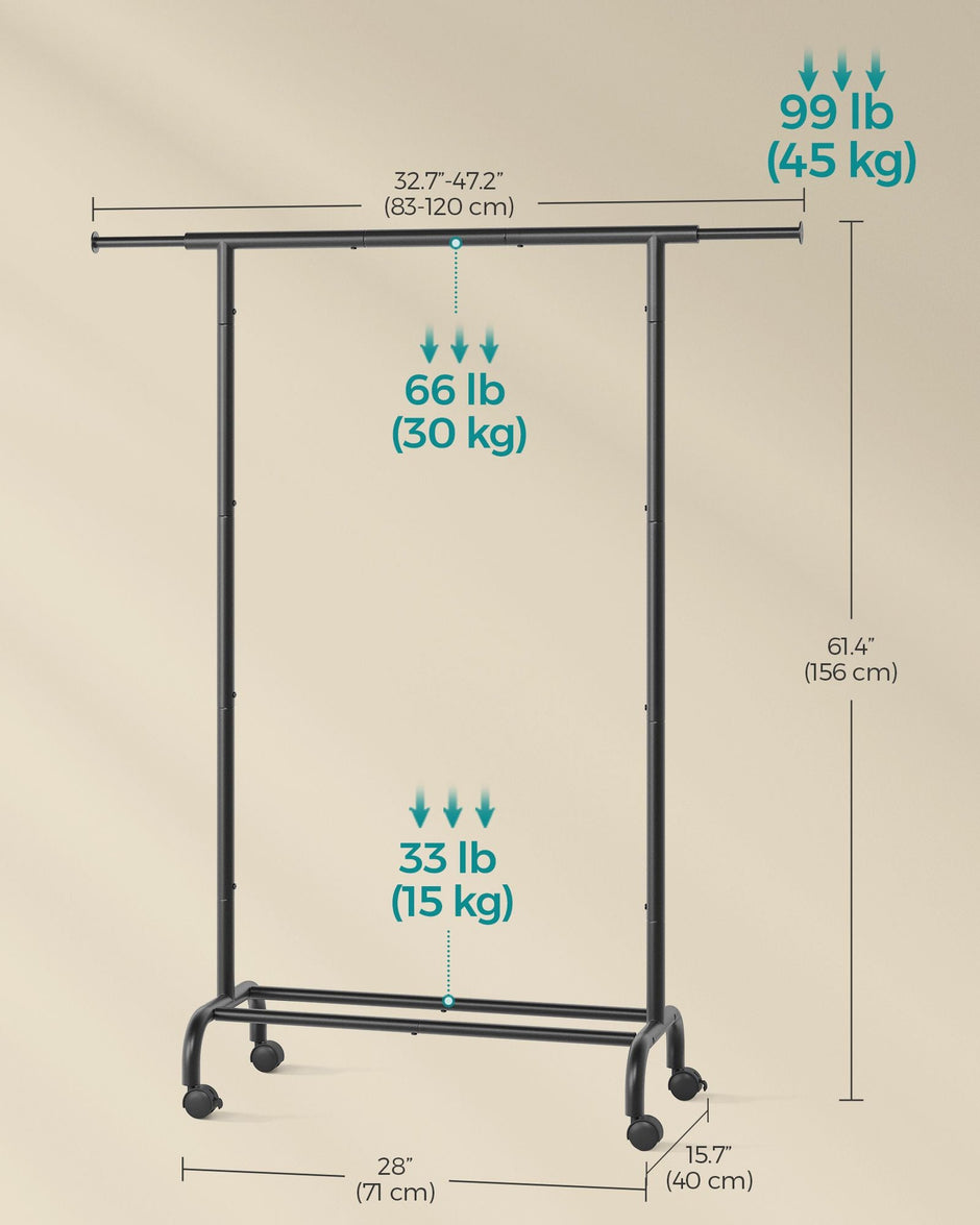 Clothes Rack – Metal – Ink Black – Extendable with Wheels, Max Load 45 kg