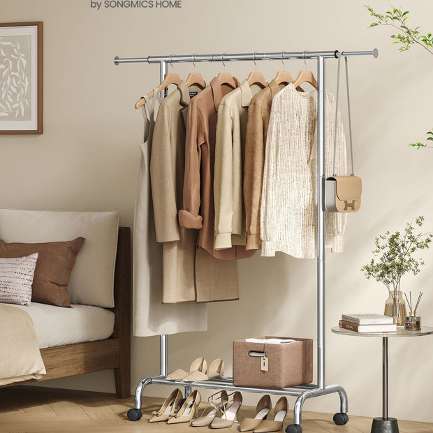 Clothes Rack – Metal – Dove Grey – Extendable with Wheels, 45 kg Max Load