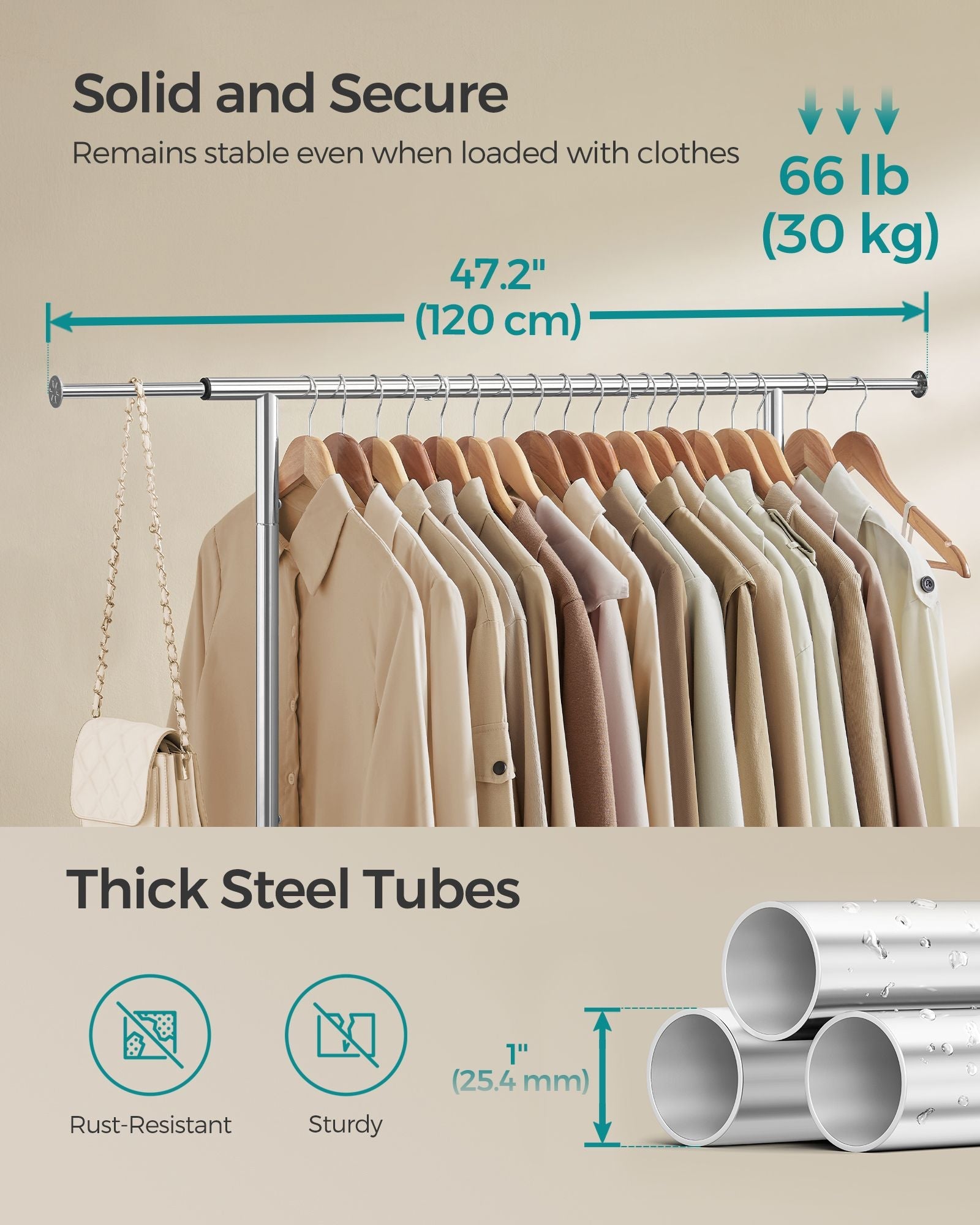 Clothes Rack – Metal – Dove Grey – Extendable with Wheels, 45 kg Max Load
