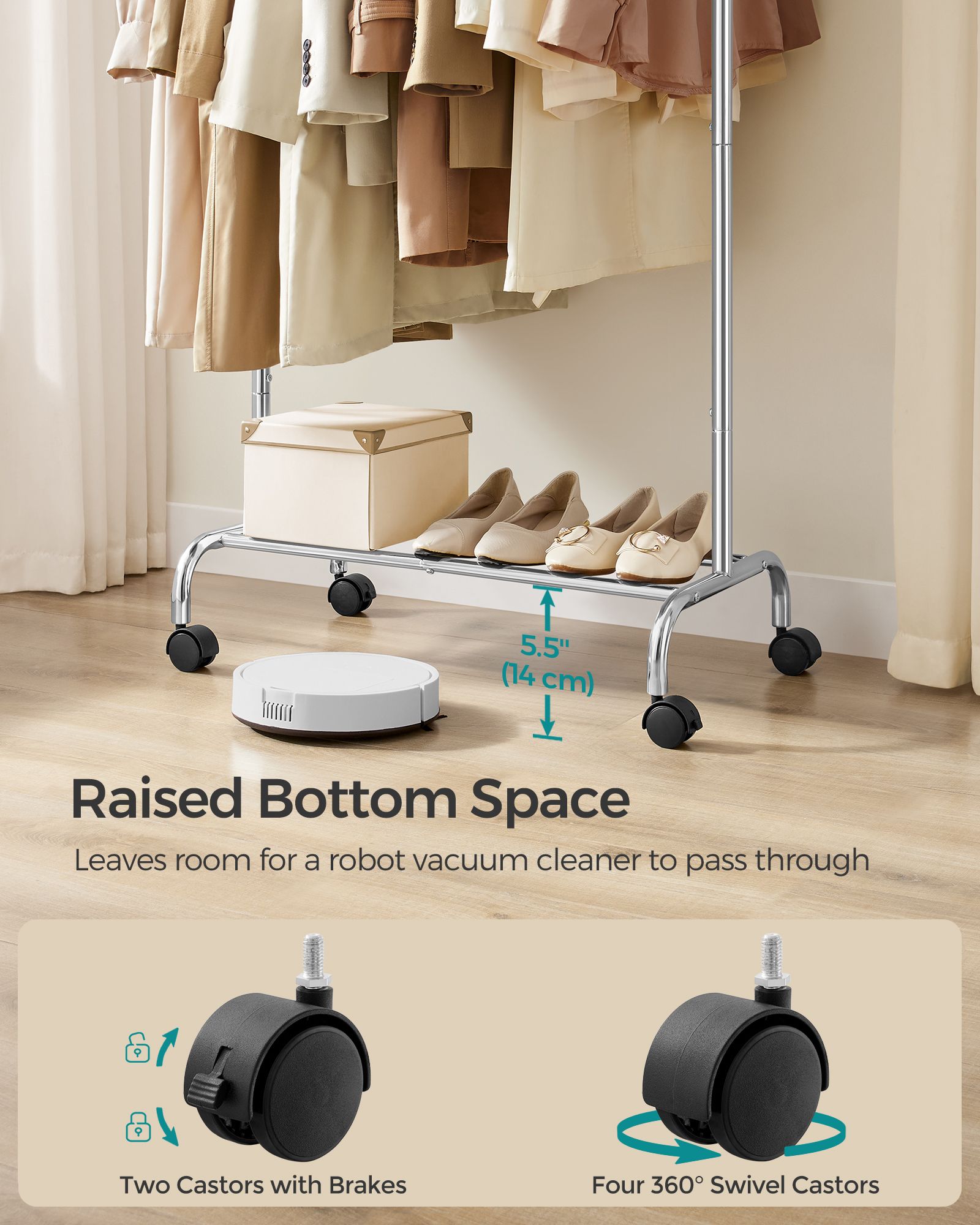 Clothes Rack – Metal – Dove Grey – Extendable with Wheels, 45 kg Max Load
