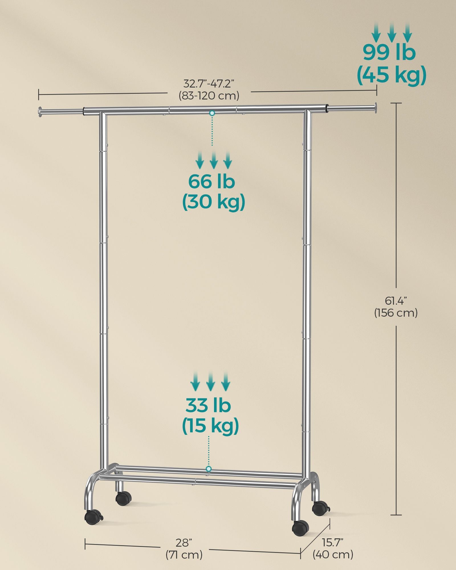 Clothes Rack – Metal – Dove Grey – Extendable with Wheels, 45 kg Max Load