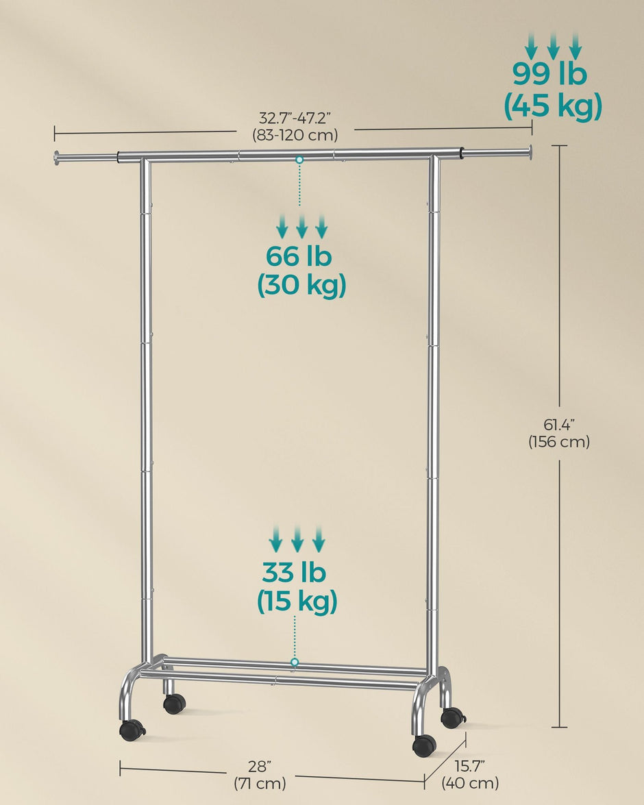 Clothes Rack – Metal – Dove Grey – Extendable with Wheels, 45 kg Max Load