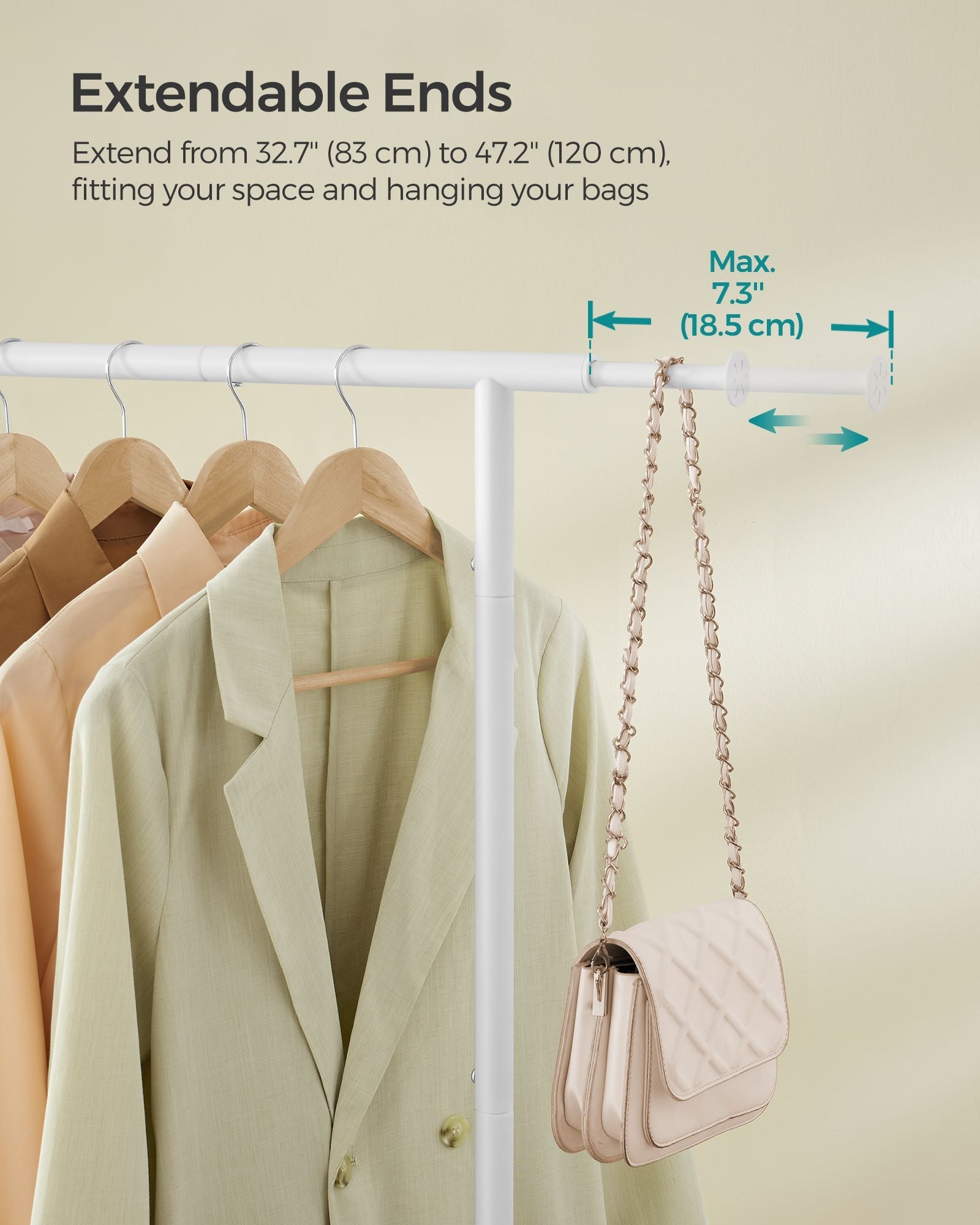 Clothes Rack – Metal – Cloud White – Extendable Hanging Rail with Wheels, 45 kg Capacity