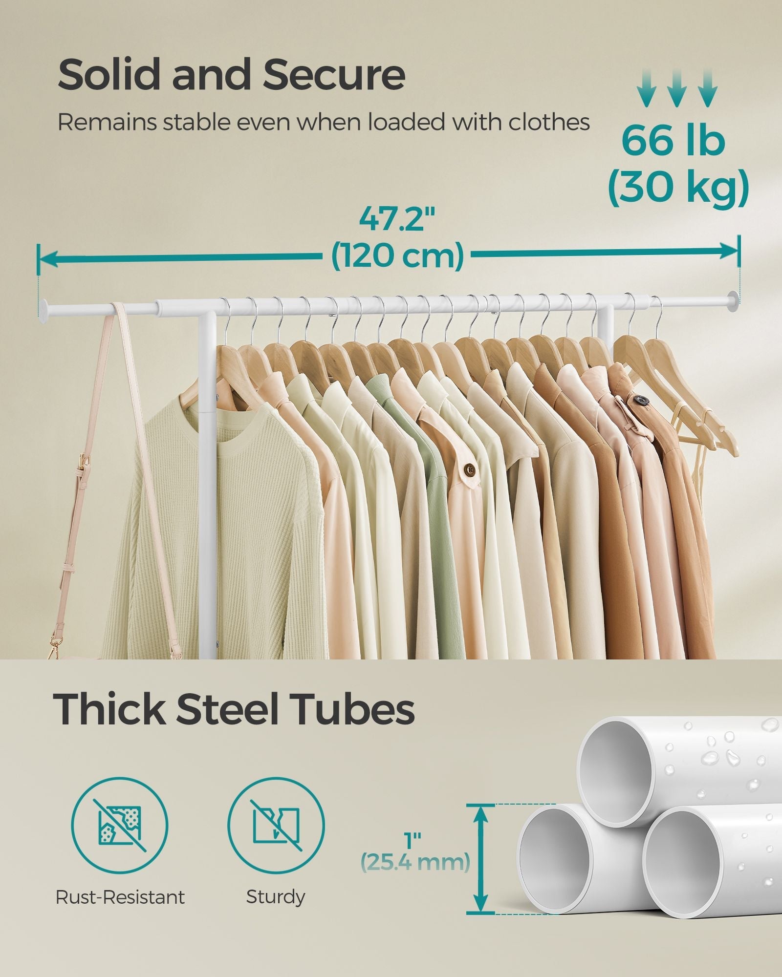 Clothes Rack – Metal – Cloud White – Extendable Hanging Rail with Wheels, 45 kg Capacity