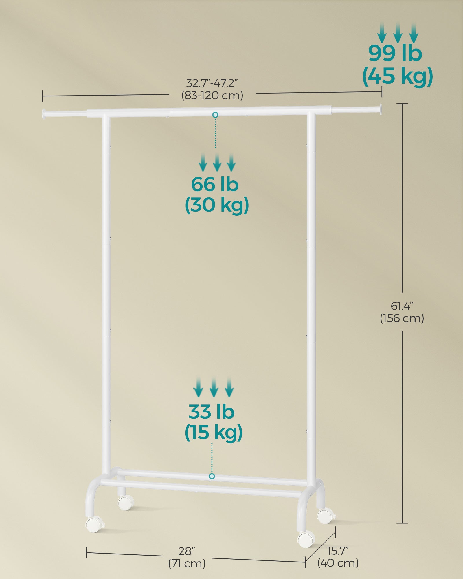 Clothes Rack – Metal – Cloud White – Extendable Hanging Rail with Wheels, 45 kg Capacity