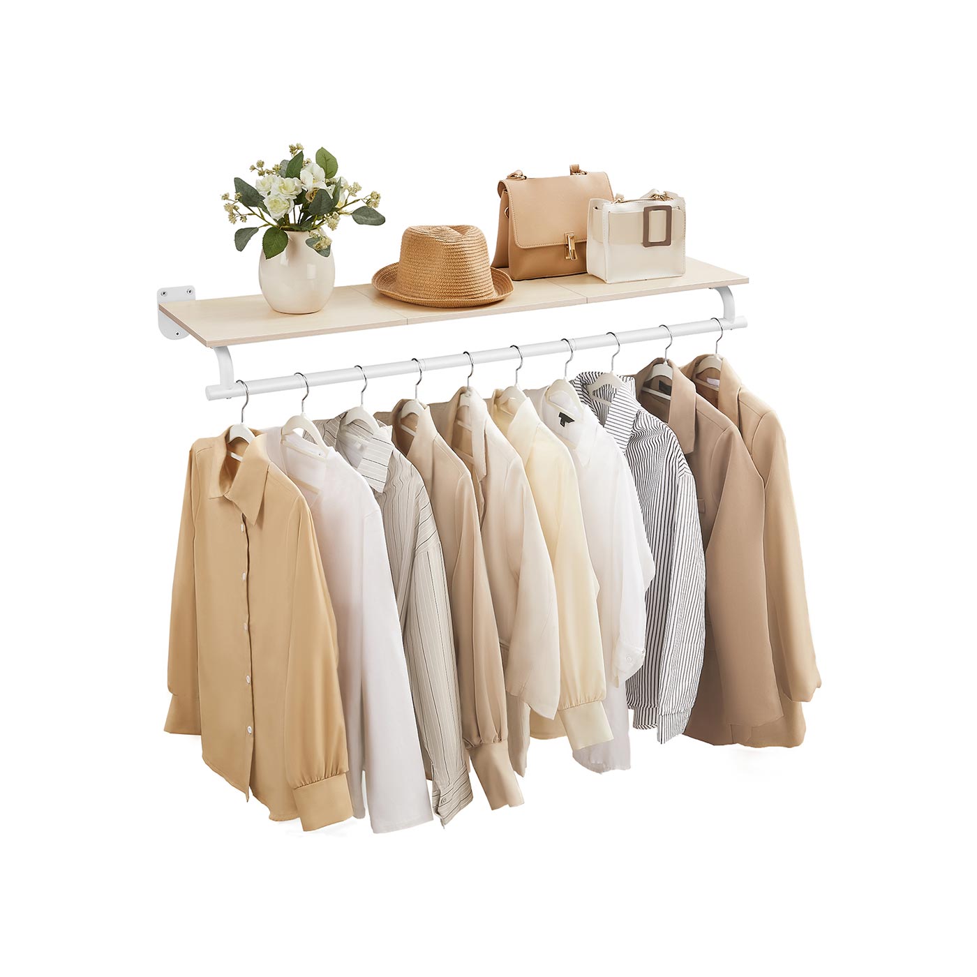 Wall-Mounted Clothing Rack – Wood – Natural Beige and Cloud White – Supports up to 60 kg
