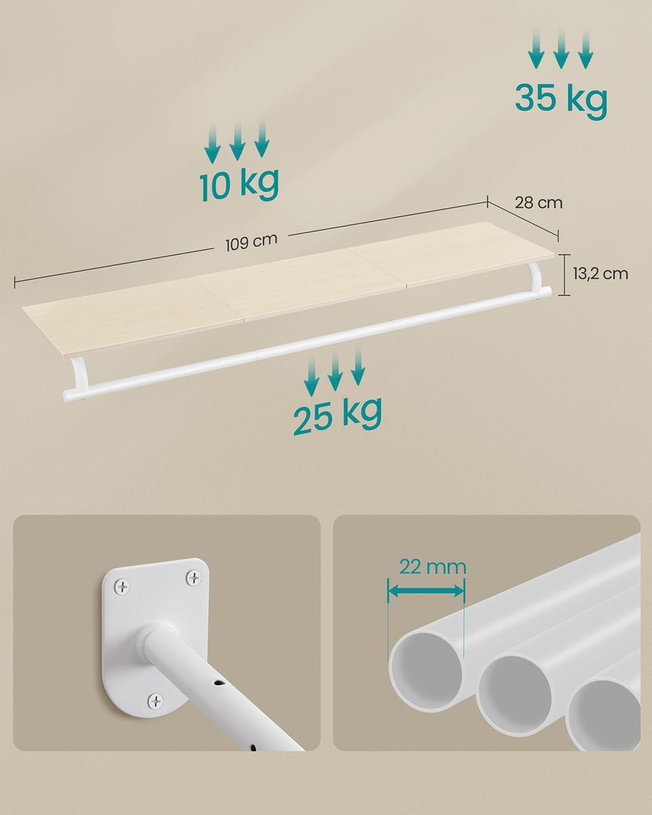 Wall-Mounted Clothing Rack – Wood – Natural Beige and Cloud White – Supports up to 60 kg