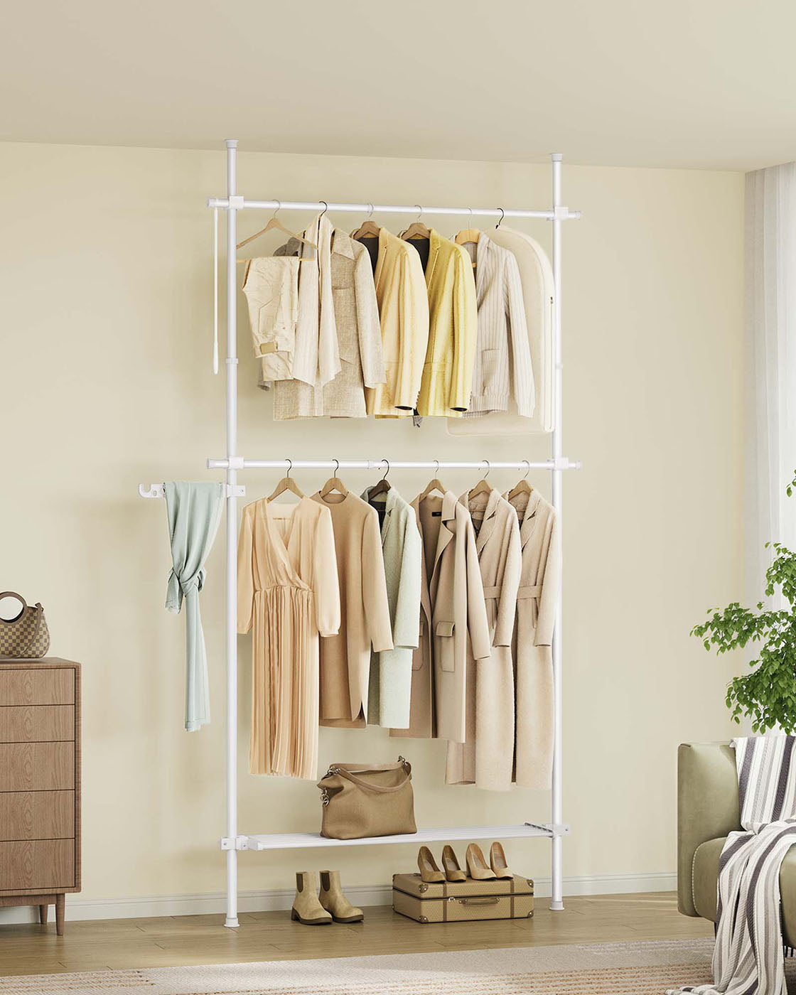 Floor to Ceiling Clothes Rail – Metal – Matte White – 3-Tier Adjustable